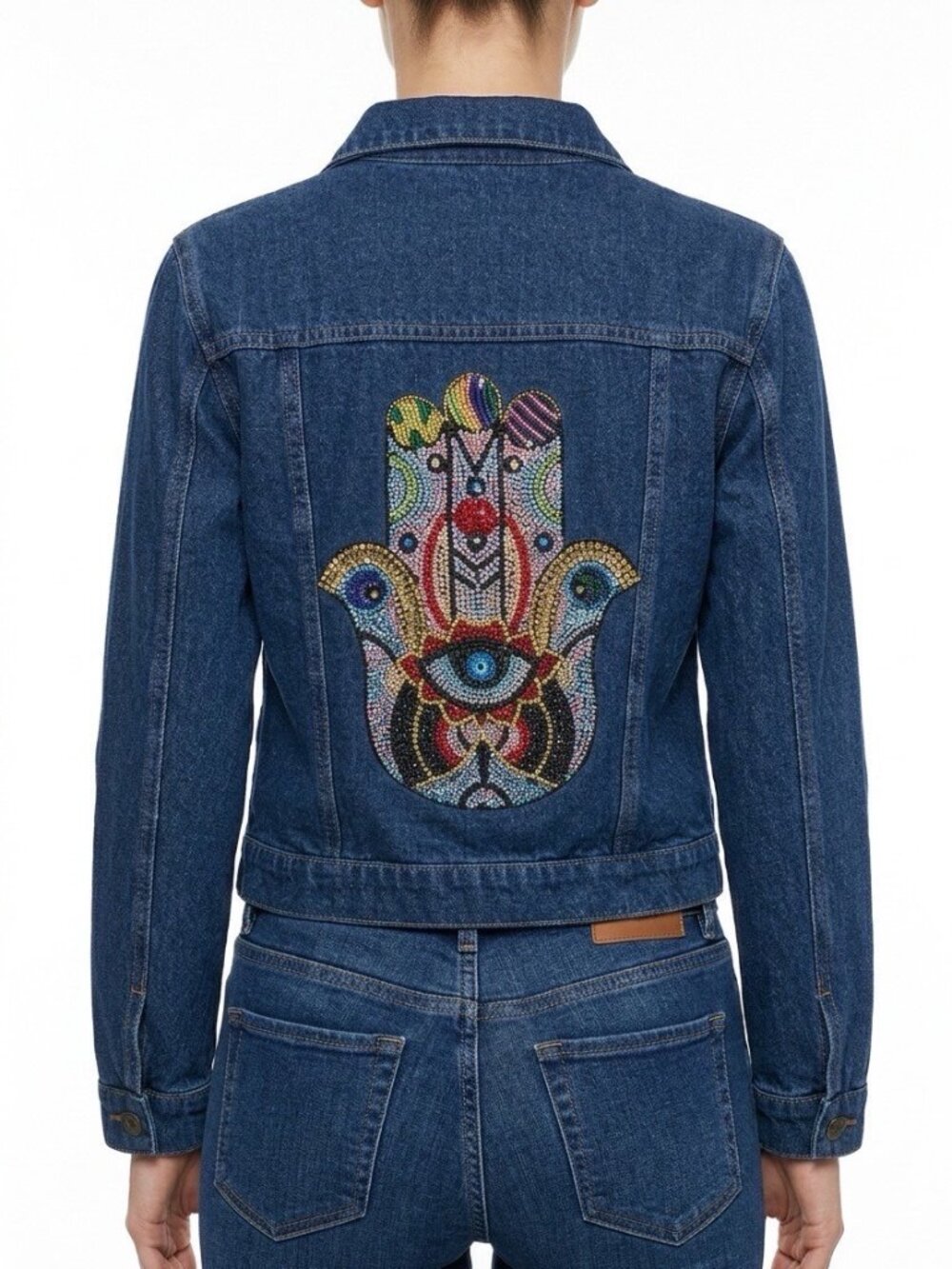 Hand Embellished Hamsa Denim Jacket I Rhinestone & Beaded Evil Eye Jacket